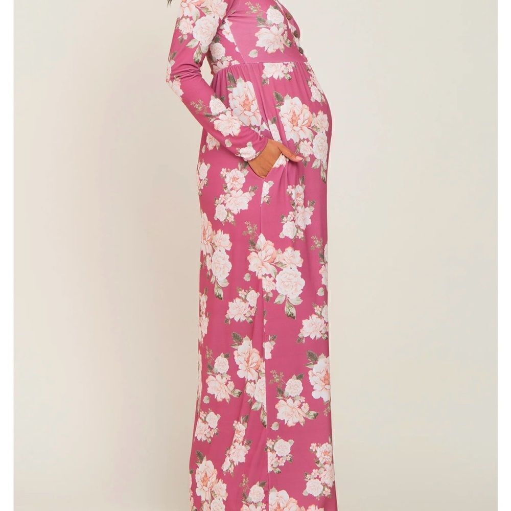 Mauve floral button front maternity plus maxi dress - Picture 2 of 3
